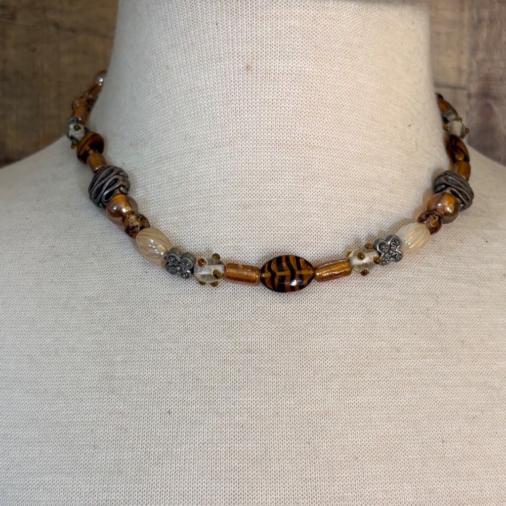 Boho Honey Brown Art Glass Beaded Necklace Tiger Stripe Silver Accents